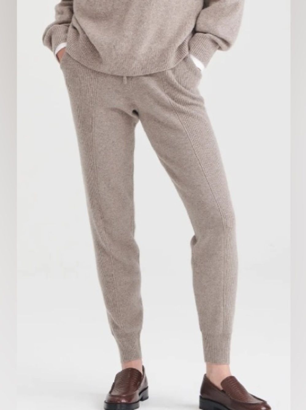 Naadam Merino Cashmere Joggers Pants Ribbed Side Panel Timber Taupe NEW
